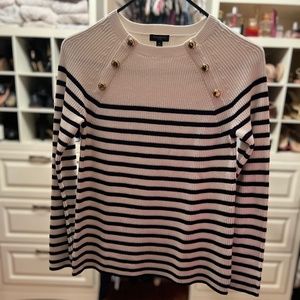 Talbots, Size Petite P, Blue and cream sweater with gold buttons